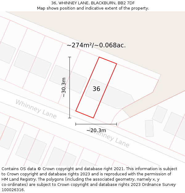 36, WHINNEY LANE, BLACKBURN, BB2 7DF: Plot and title map