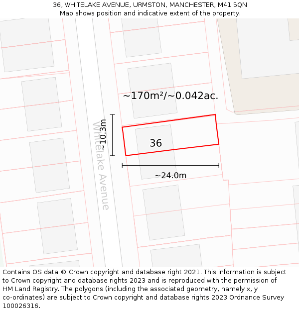 36, WHITELAKE AVENUE, URMSTON, MANCHESTER, M41 5QN: Plot and title map