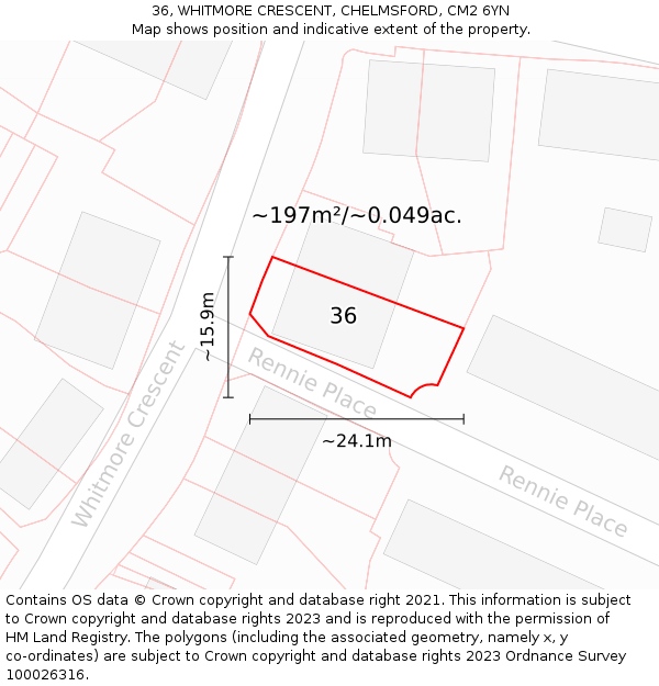 36, WHITMORE CRESCENT, CHELMSFORD, CM2 6YN: Plot and title map