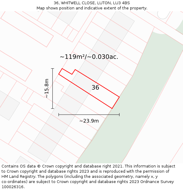 36, WHITWELL CLOSE, LUTON, LU3 4BS: Plot and title map