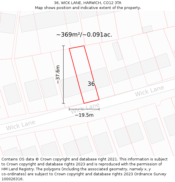 36, WICK LANE, HARWICH, CO12 3TA: Plot and title map