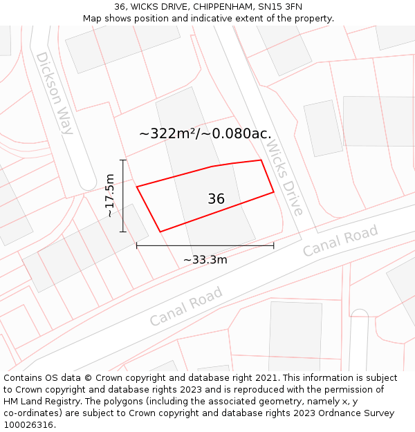 36, WICKS DRIVE, CHIPPENHAM, SN15 3FN: Plot and title map