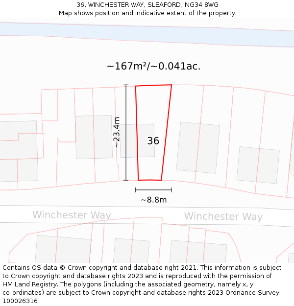 36, WINCHESTER WAY, SLEAFORD, NG34 8WG: Plot and title map