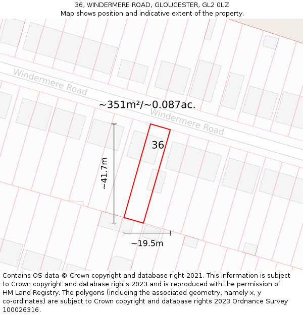 36, WINDERMERE ROAD, GLOUCESTER, GL2 0LZ: Plot and title map