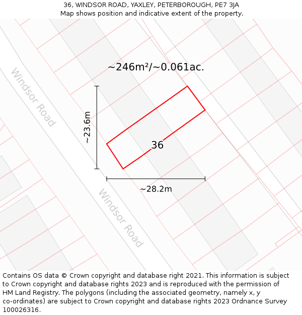 36, WINDSOR ROAD, YAXLEY, PETERBOROUGH, PE7 3JA: Plot and title map