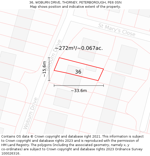 36, WOBURN DRIVE, THORNEY, PETERBOROUGH, PE6 0SN: Plot and title map