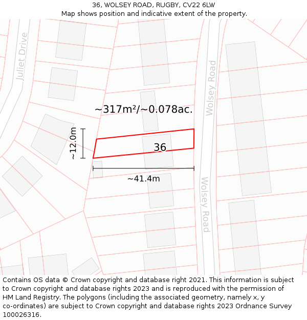 36, WOLSEY ROAD, RUGBY, CV22 6LW: Plot and title map