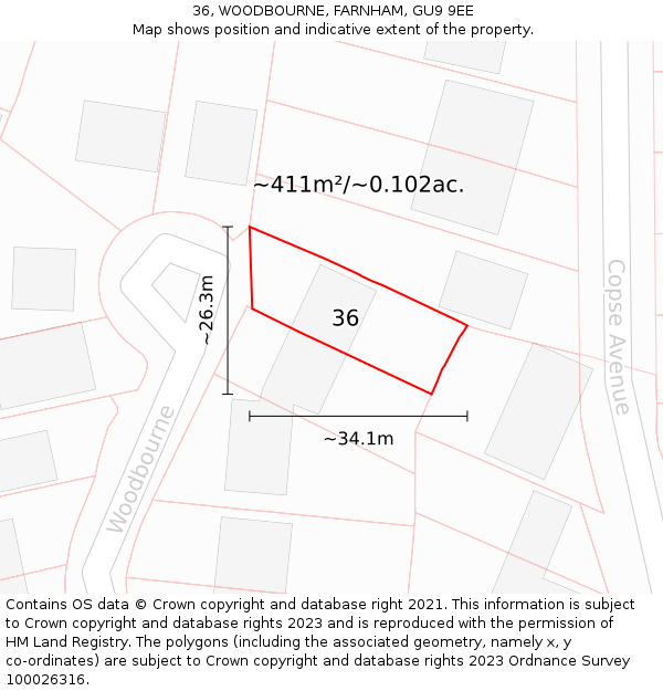 36, WOODBOURNE, FARNHAM, GU9 9EE: Plot and title map