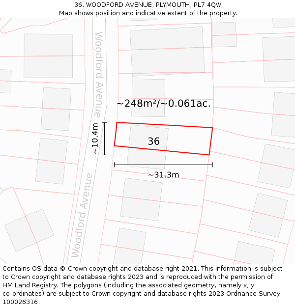 36, WOODFORD AVENUE, PLYMOUTH, PL7 4QW: Plot and title map