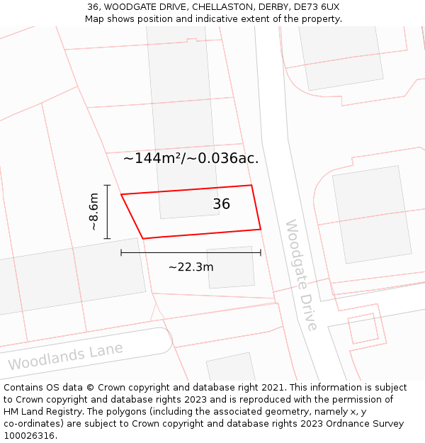 36, WOODGATE DRIVE, CHELLASTON, DERBY, DE73 6UX: Plot and title map