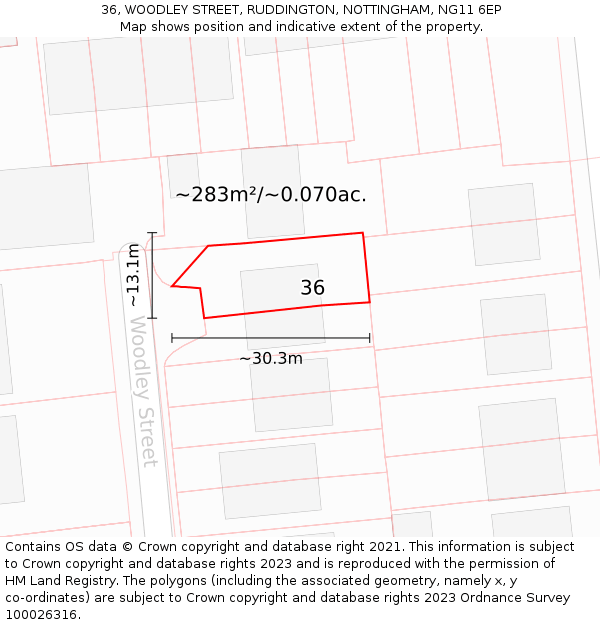 36, WOODLEY STREET, RUDDINGTON, NOTTINGHAM, NG11 6EP: Plot and title map