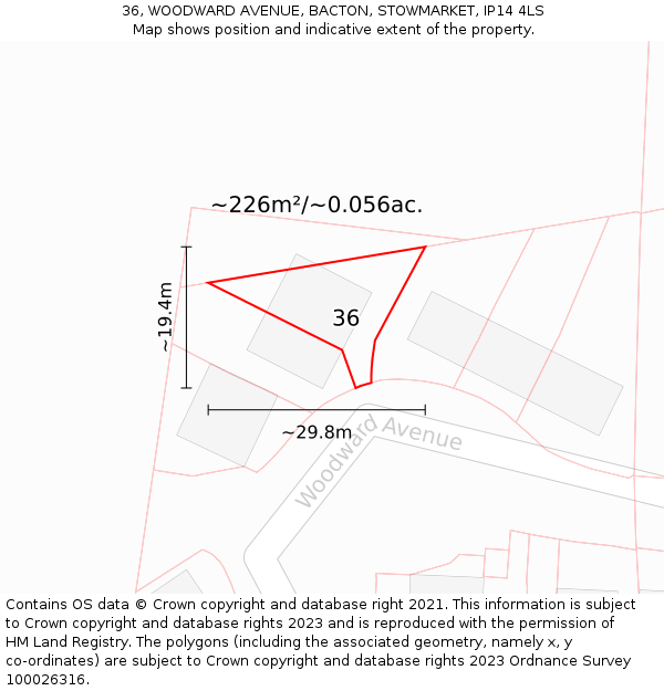 36, WOODWARD AVENUE, BACTON, STOWMARKET, IP14 4LS: Plot and title map