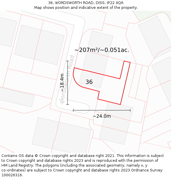 36, WORDSWORTH ROAD, DISS, IP22 4QA: Plot and title map