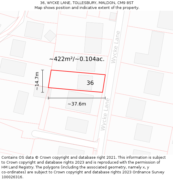 36, WYCKE LANE, TOLLESBURY, MALDON, CM9 8ST: Plot and title map