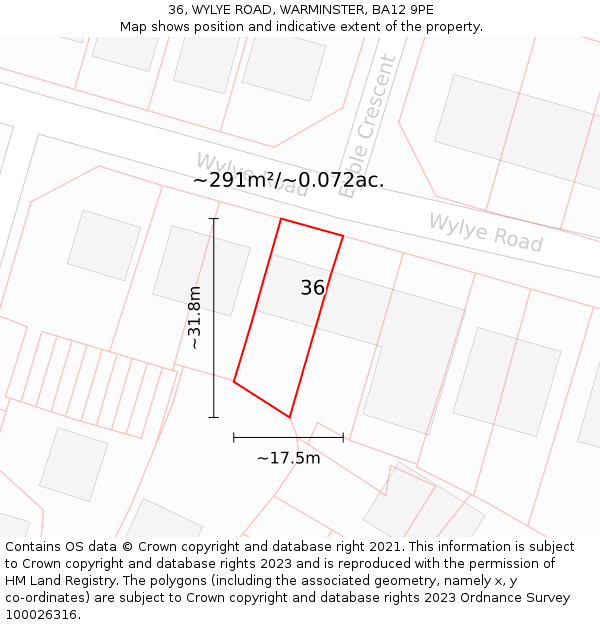 36, WYLYE ROAD, WARMINSTER, BA12 9PE: Plot and title map