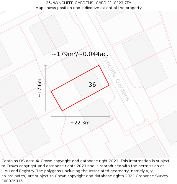 36, WYNCLIFFE GARDENS, CARDIFF, CF23 7FA: Plot and title map