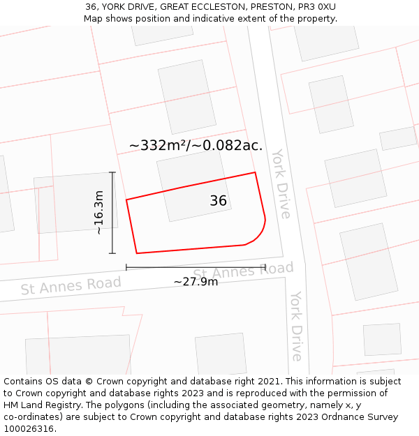 36, YORK DRIVE, GREAT ECCLESTON, PRESTON, PR3 0XU: Plot and title map