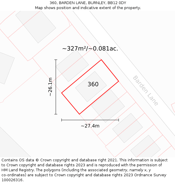 360, BARDEN LANE, BURNLEY, BB12 0DY: Plot and title map