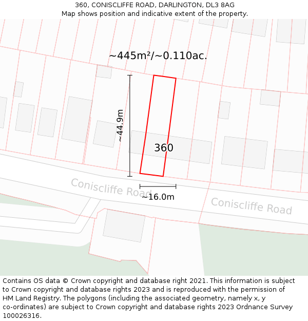 360, CONISCLIFFE ROAD, DARLINGTON, DL3 8AG: Plot and title map