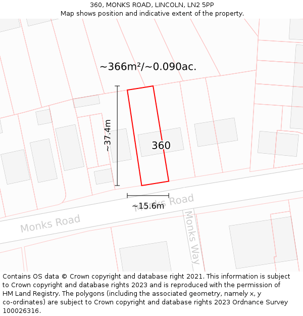 360, MONKS ROAD, LINCOLN, LN2 5PP: Plot and title map