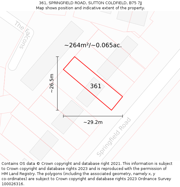 361, SPRINGFIELD ROAD, SUTTON COLDFIELD, B75 7JJ: Plot and title map