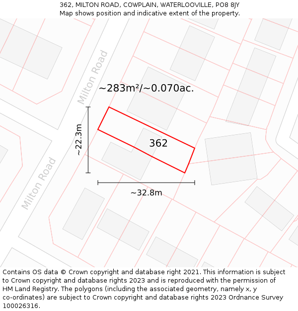 362, MILTON ROAD, COWPLAIN, WATERLOOVILLE, PO8 8JY: Plot and title map