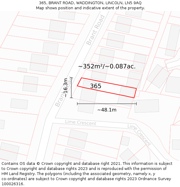 365, BRANT ROAD, WADDINGTON, LINCOLN, LN5 9AQ: Plot and title map