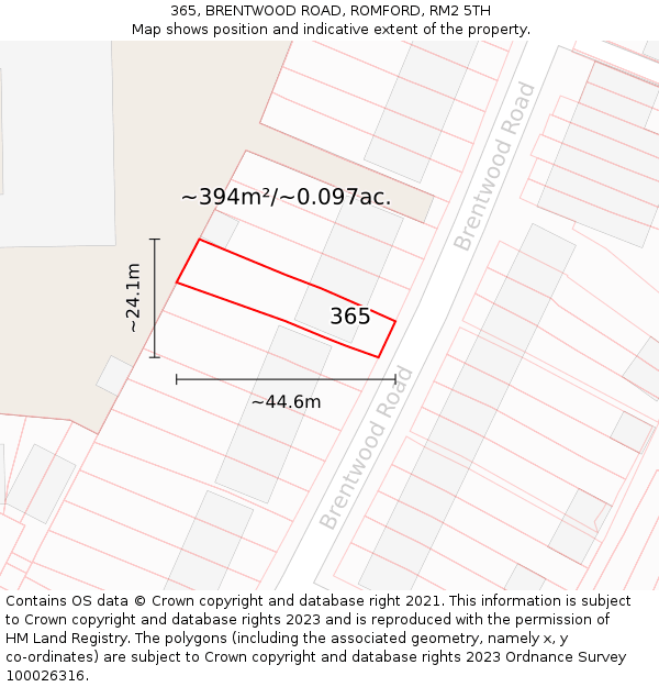 365, BRENTWOOD ROAD, ROMFORD, RM2 5TH: Plot and title map