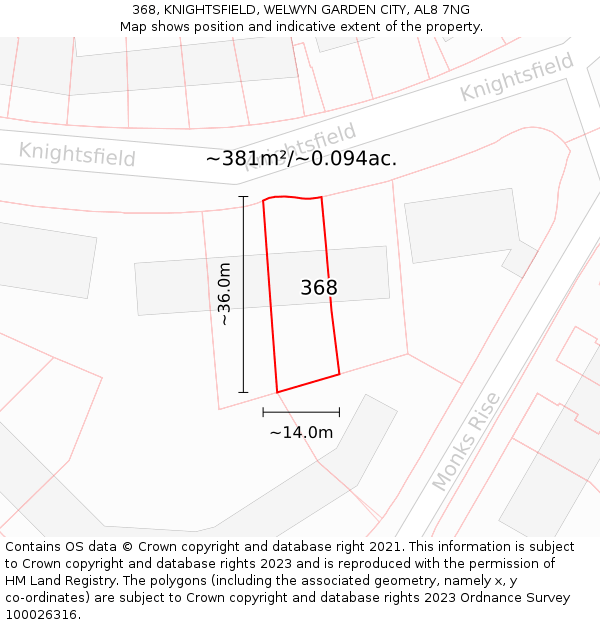 368, KNIGHTSFIELD, WELWYN GARDEN CITY, AL8 7NG: Plot and title map