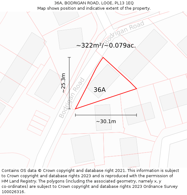 36A, BODRIGAN ROAD, LOOE, PL13 1EQ: Plot and title map