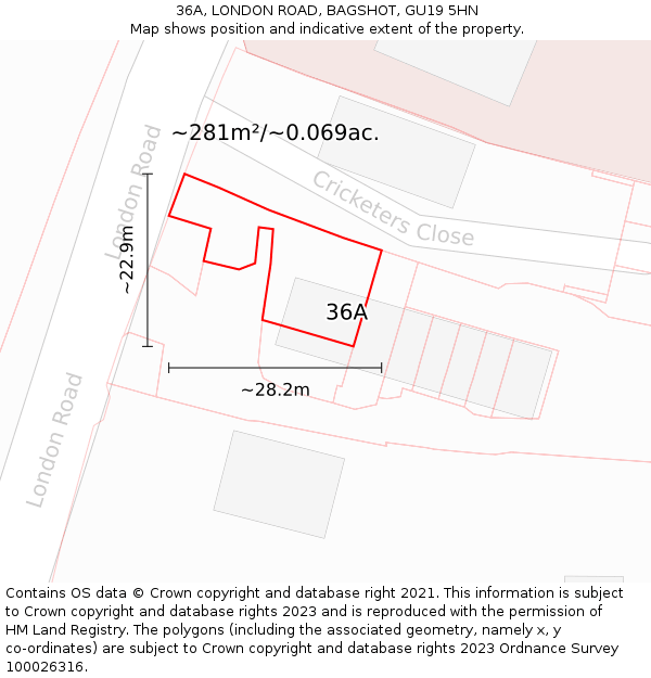 36A, LONDON ROAD, BAGSHOT, GU19 5HN: Plot and title map