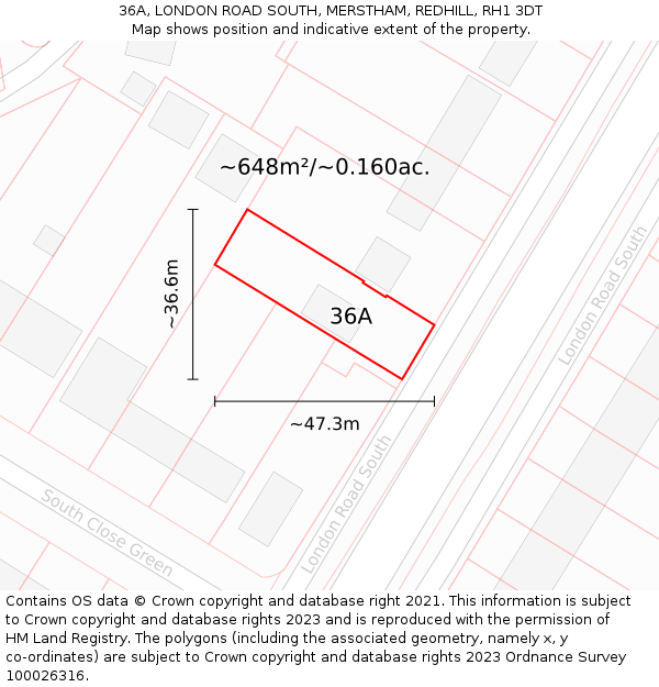 36A, LONDON ROAD SOUTH, MERSTHAM, REDHILL, RH1 3DT: Plot and title map