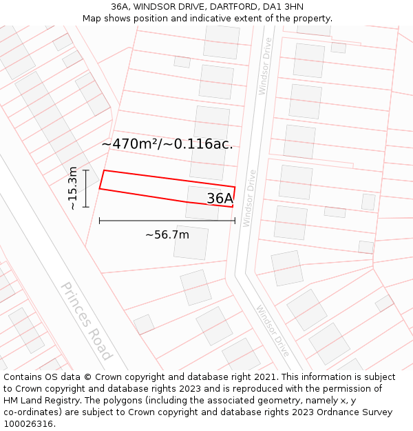 36A, WINDSOR DRIVE, DARTFORD, DA1 3HN: Plot and title map