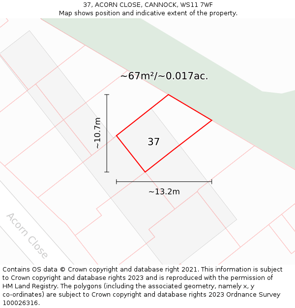 37, ACORN CLOSE, CANNOCK, WS11 7WF: Plot and title map