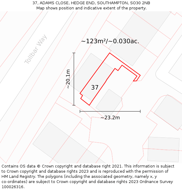 37, ADAMS CLOSE, HEDGE END, SOUTHAMPTON, SO30 2NB: Plot and title map