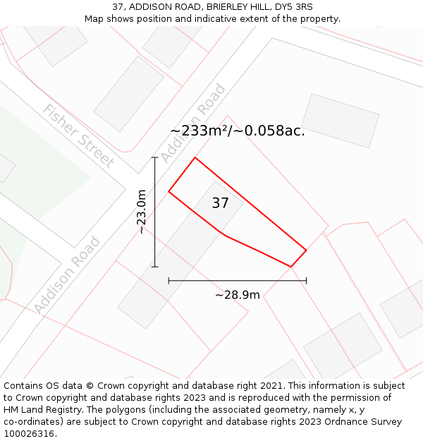 37, ADDISON ROAD, BRIERLEY HILL, DY5 3RS: Plot and title map