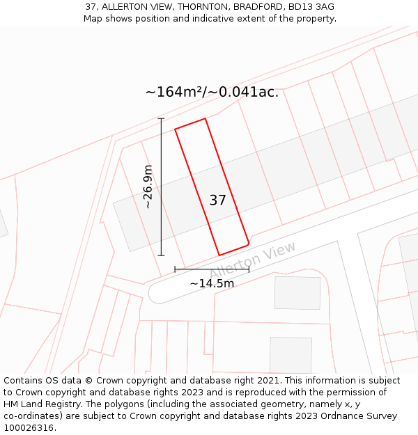 37, ALLERTON VIEW, THORNTON, BRADFORD, BD13 3AG: Plot and title map