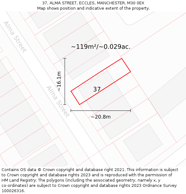 37, ALMA STREET, ECCLES, MANCHESTER, M30 0EX: Plot and title map