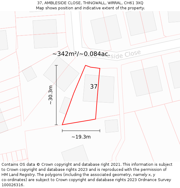 37, AMBLESIDE CLOSE, THINGWALL, WIRRAL, CH61 3XQ: Plot and title map