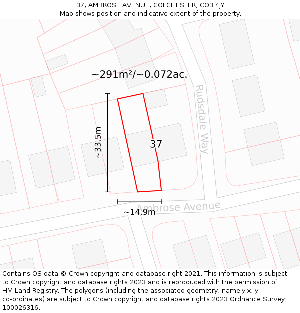 37, AMBROSE AVENUE, COLCHESTER, CO3 4JY: Plot and title map