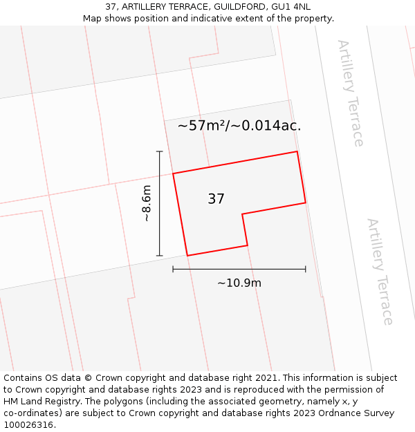 37, ARTILLERY TERRACE, GUILDFORD, GU1 4NL: Plot and title map
