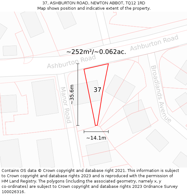 37, ASHBURTON ROAD, NEWTON ABBOT, TQ12 1RD: Plot and title map