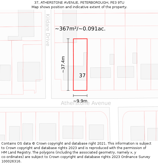 37, ATHERSTONE AVENUE, PETERBOROUGH, PE3 9TU: Plot and title map