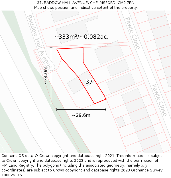 37, BADDOW HALL AVENUE, CHELMSFORD, CM2 7BN: Plot and title map