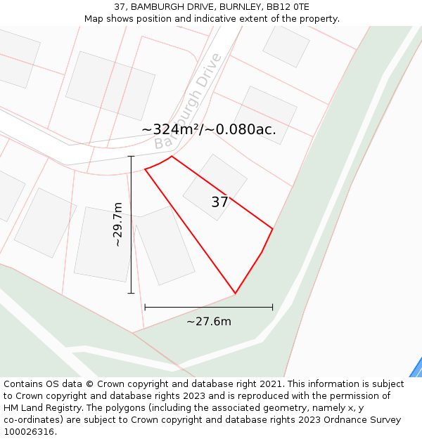 37, BAMBURGH DRIVE, BURNLEY, BB12 0TE: Plot and title map