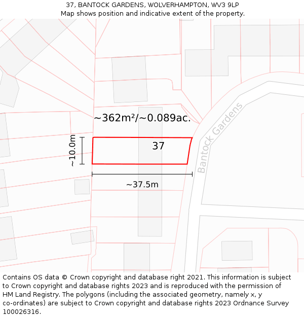 37, BANTOCK GARDENS, WOLVERHAMPTON, WV3 9LP: Plot and title map