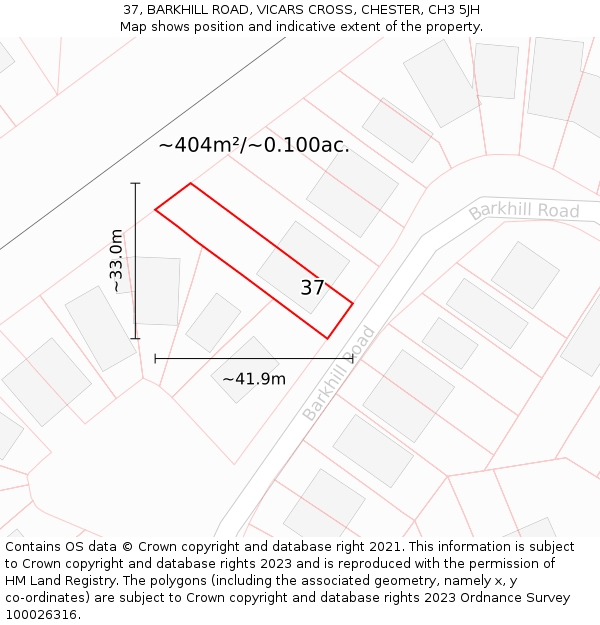 37, BARKHILL ROAD, VICARS CROSS, CHESTER, CH3 5JH: Plot and title map