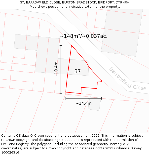 37, BARROWFIELD CLOSE, BURTON BRADSTOCK, BRIDPORT, DT6 4RH: Plot and title map