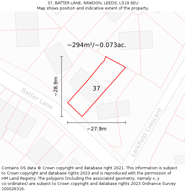 37, BATTER LANE, RAWDON, LEEDS, LS19 6EU: Plot and title map