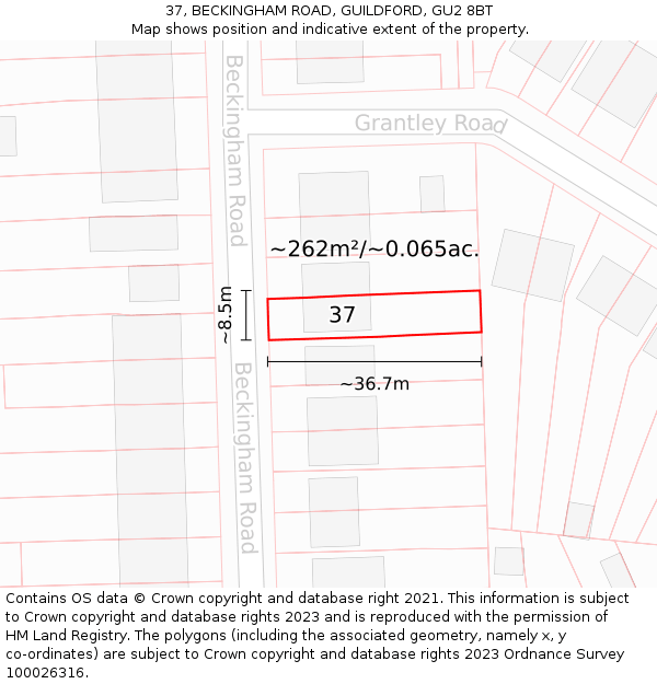 37, BECKINGHAM ROAD, GUILDFORD, GU2 8BT: Plot and title map